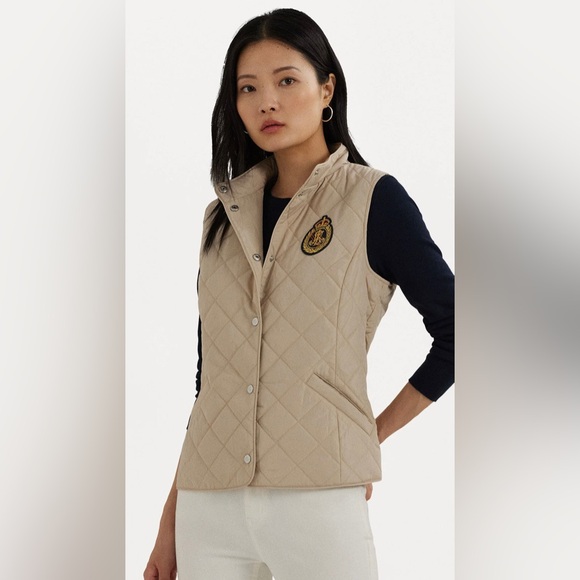 Ralph Lauren Women's Quilted Insulated CREST Patch Vest Beige Tan - Picture 1 of 9